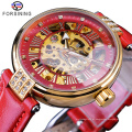 Forsining 188 Golden Skeleton Diamond Watch Design pulseira de couro genuíno vermelho à prova d&#39;água relógios mecânicos para senhoras